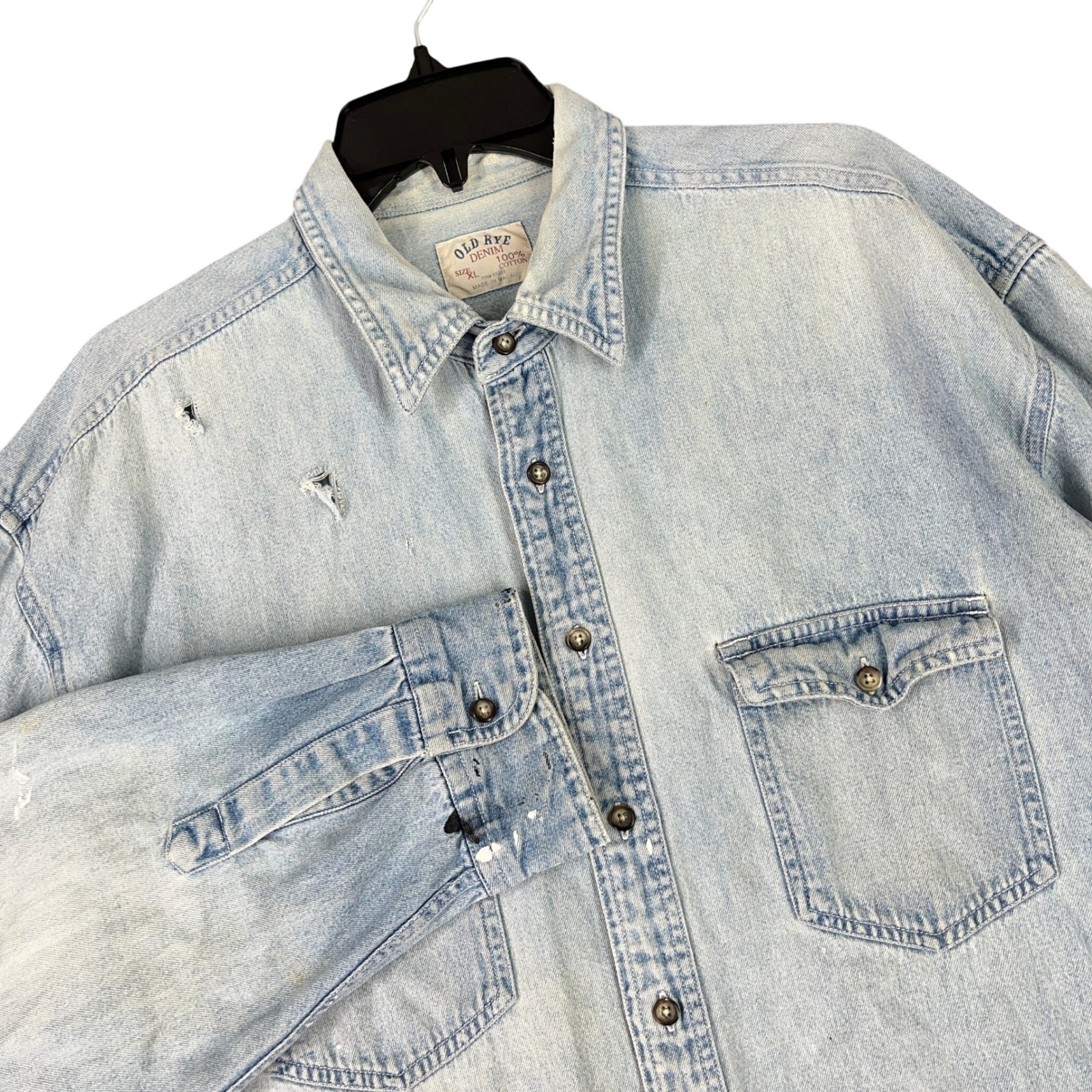 Old Rye Denim Button Down Shirt Distressed Paint Splatter Light Wash Xl Mens